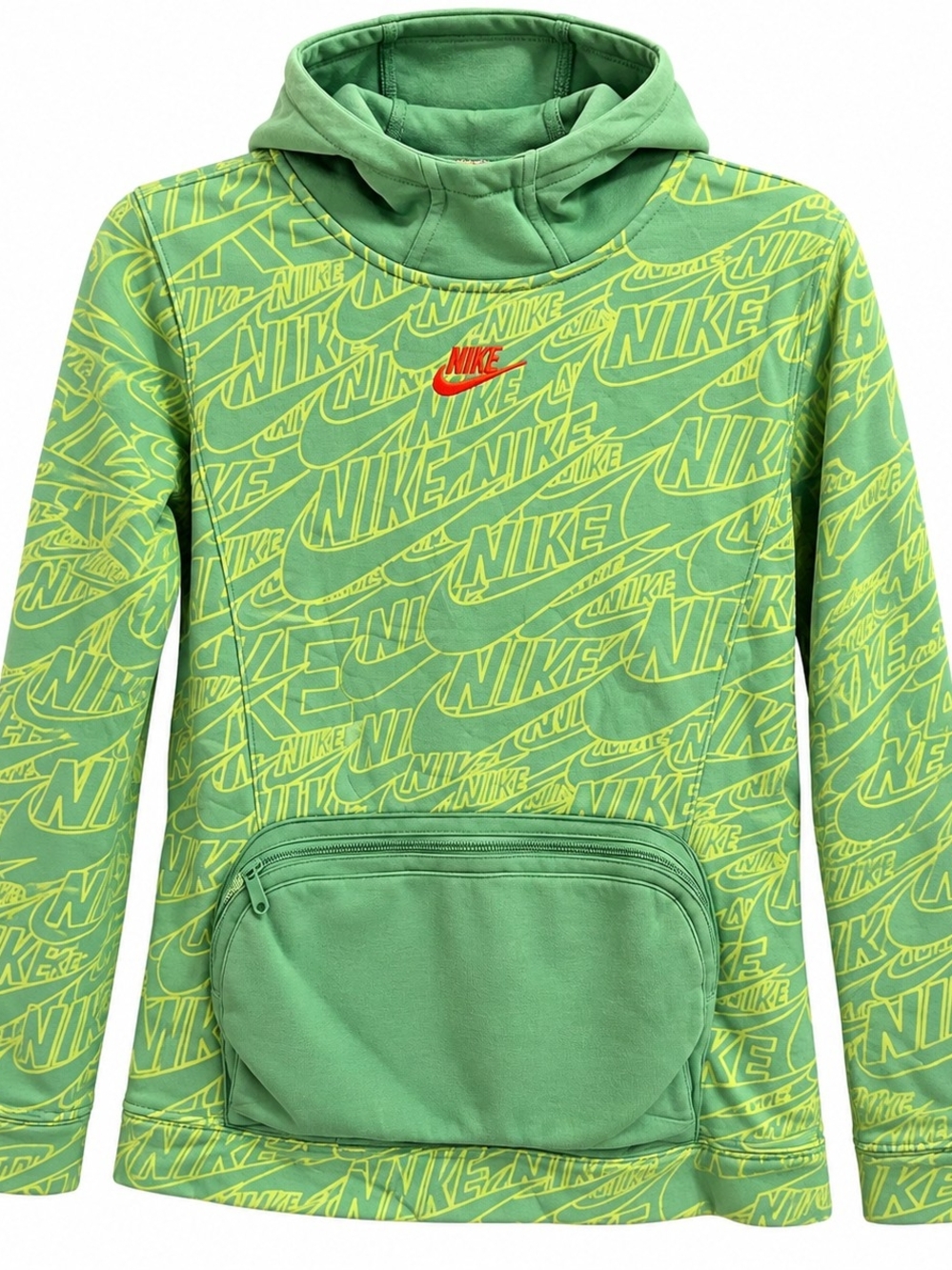 Nike Boys Green Yellow All Over Logo Print Pullover Hoodie Zip Pocket Size L